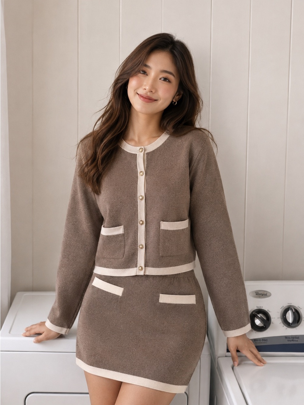 Aritzia Taupe Knit Blazer & Skirt Set with Cream Trim